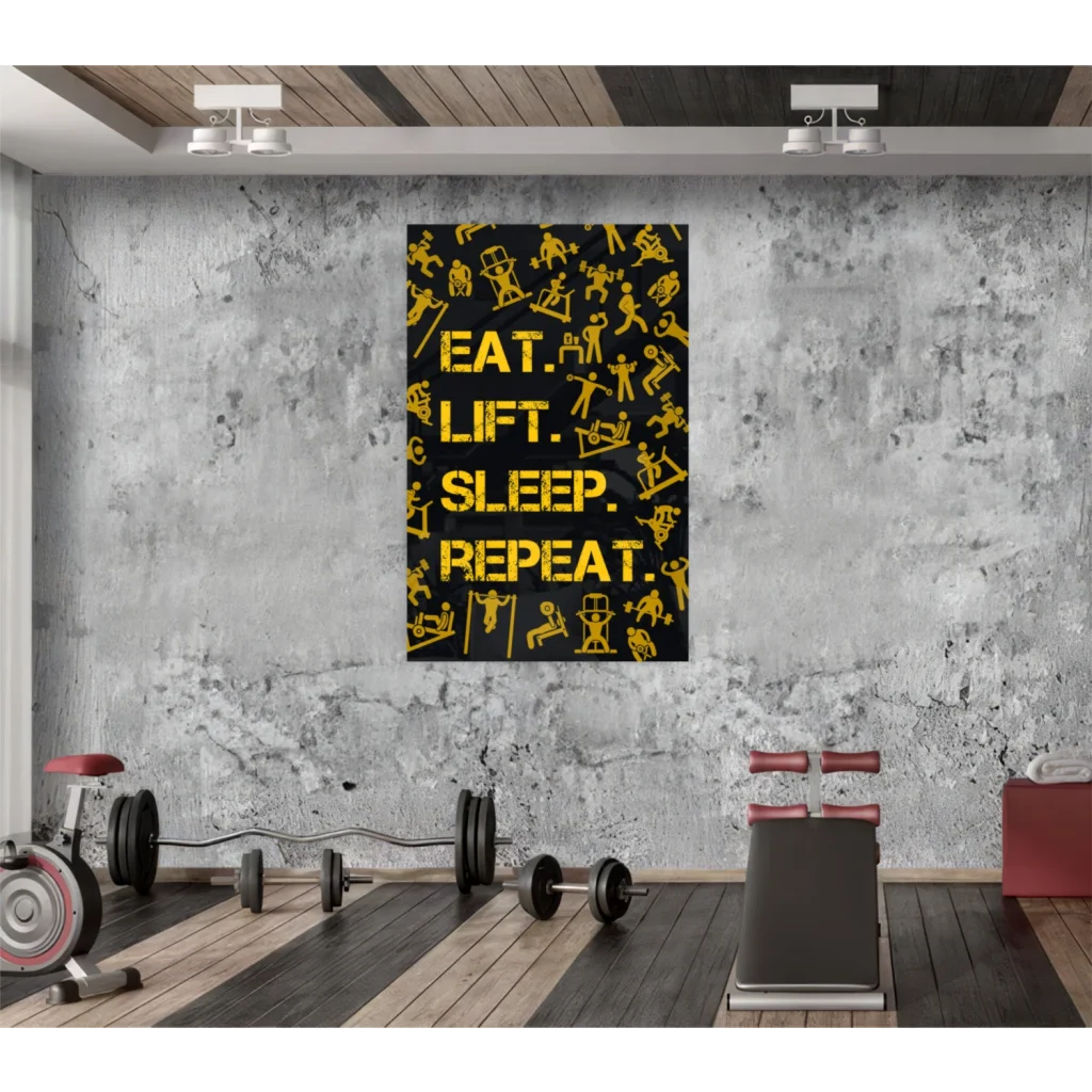 Bold yellow Eat text on black rectangular glass wall art