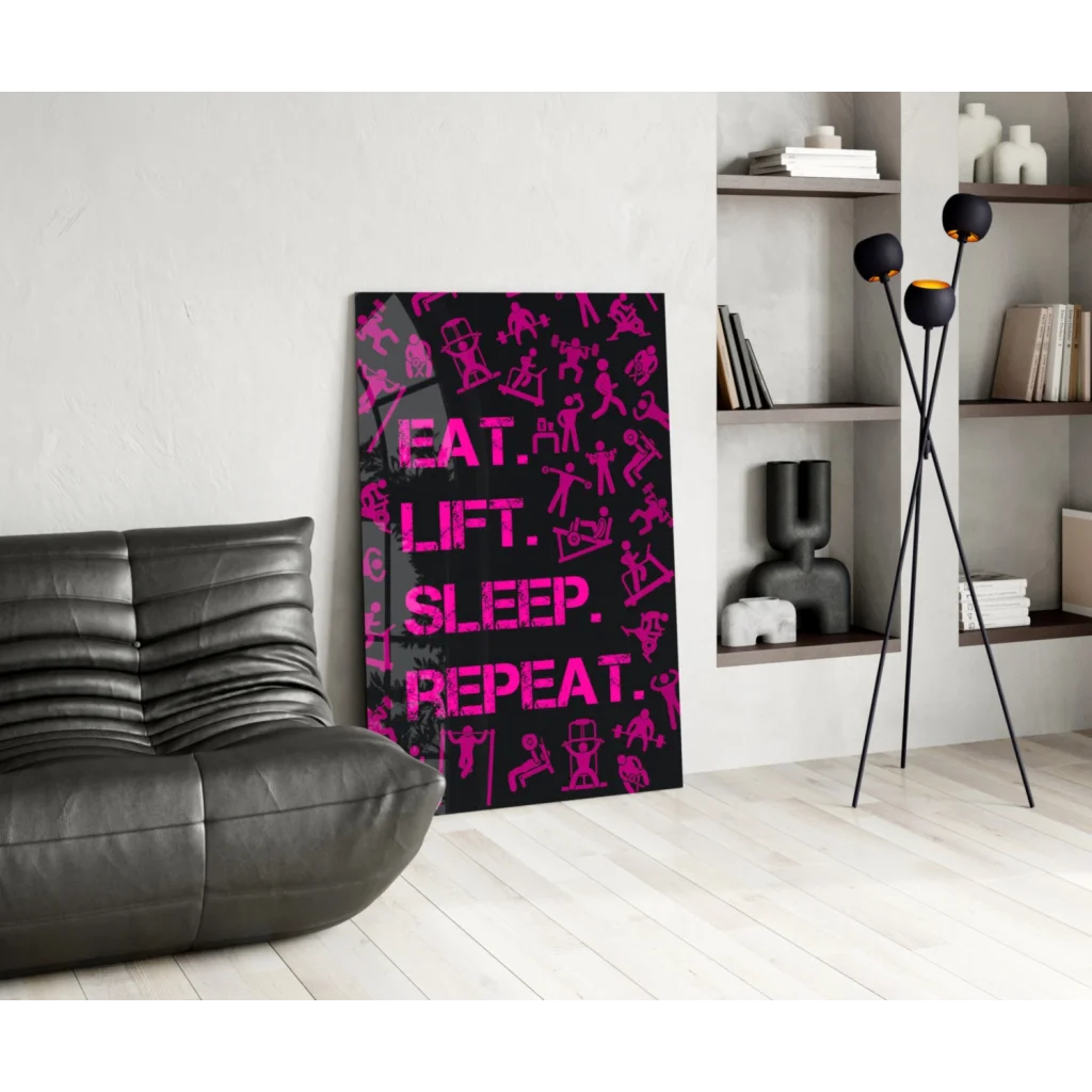 Bold pink eat glass wall art with fitness silhouettes