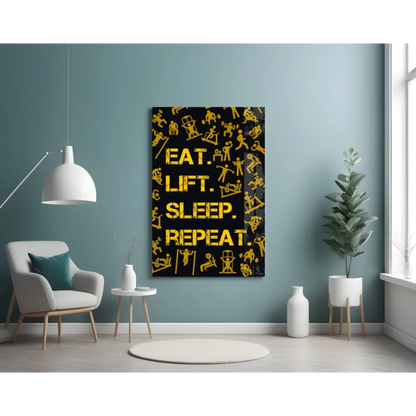 Bold yellow Eat text on black canvas glass wall art