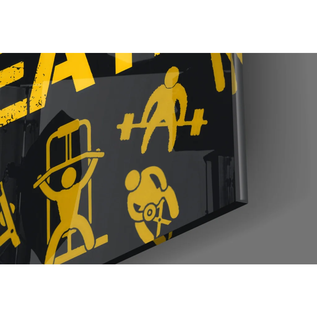 Bold yellow eat statement glass wall art with gym silhouettes on black canvas
