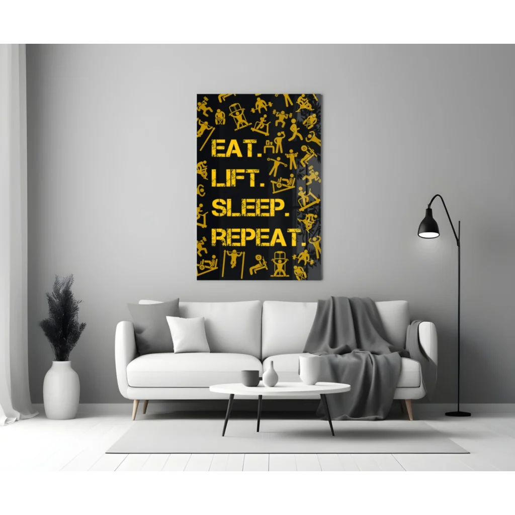 Bold yellow eat text on black canvas glass wall art