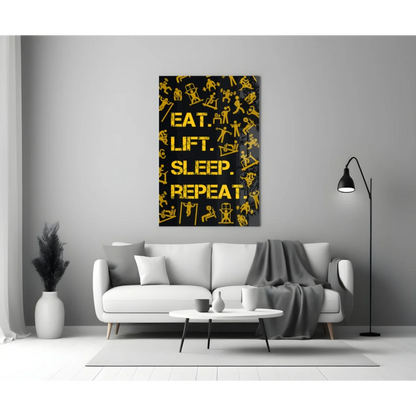 Bold yellow eat text on black canvas glass wall art
