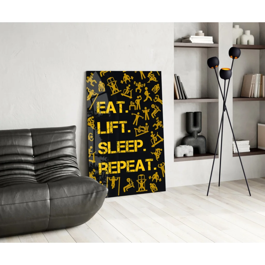 Bold yellow eat statement glass wall art on black canvas with gym silhouettes