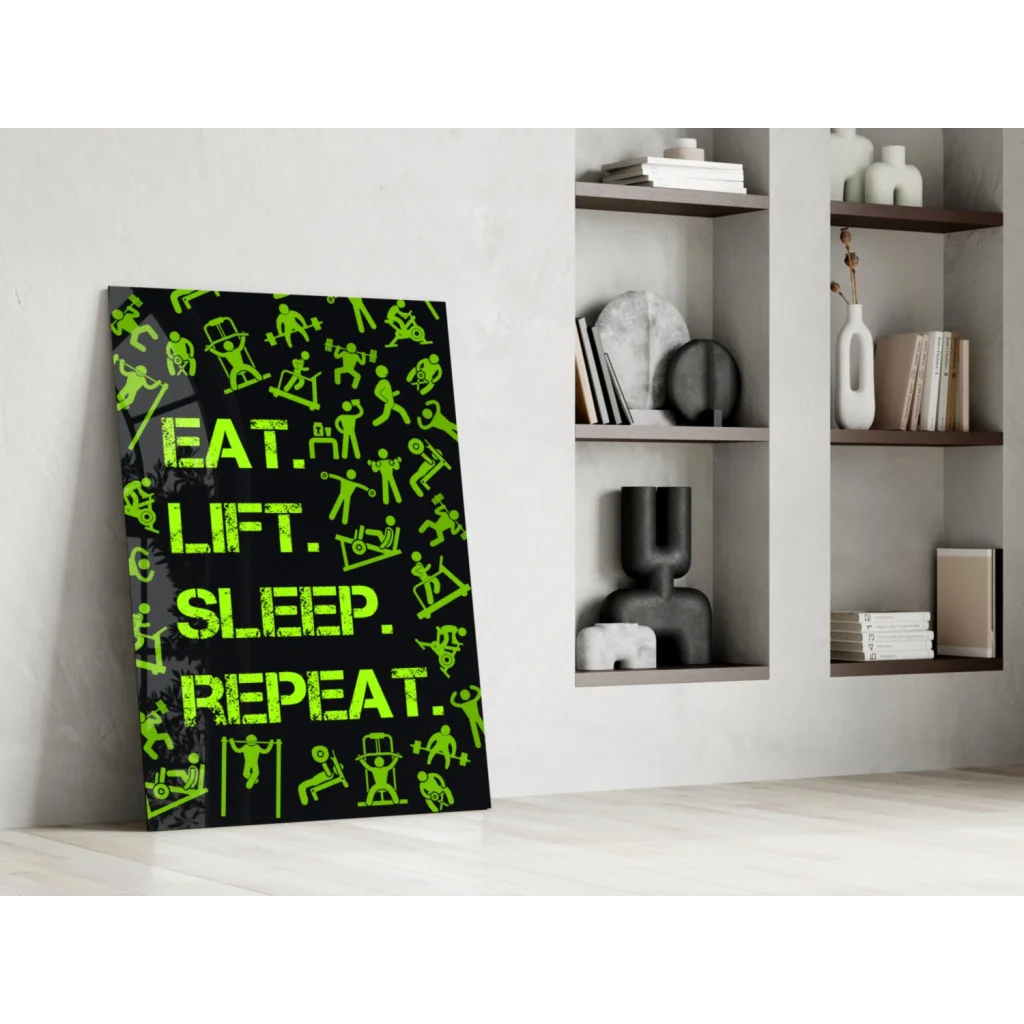 Neon green fitness silhouettes on black canvas in stunning glass wall art print