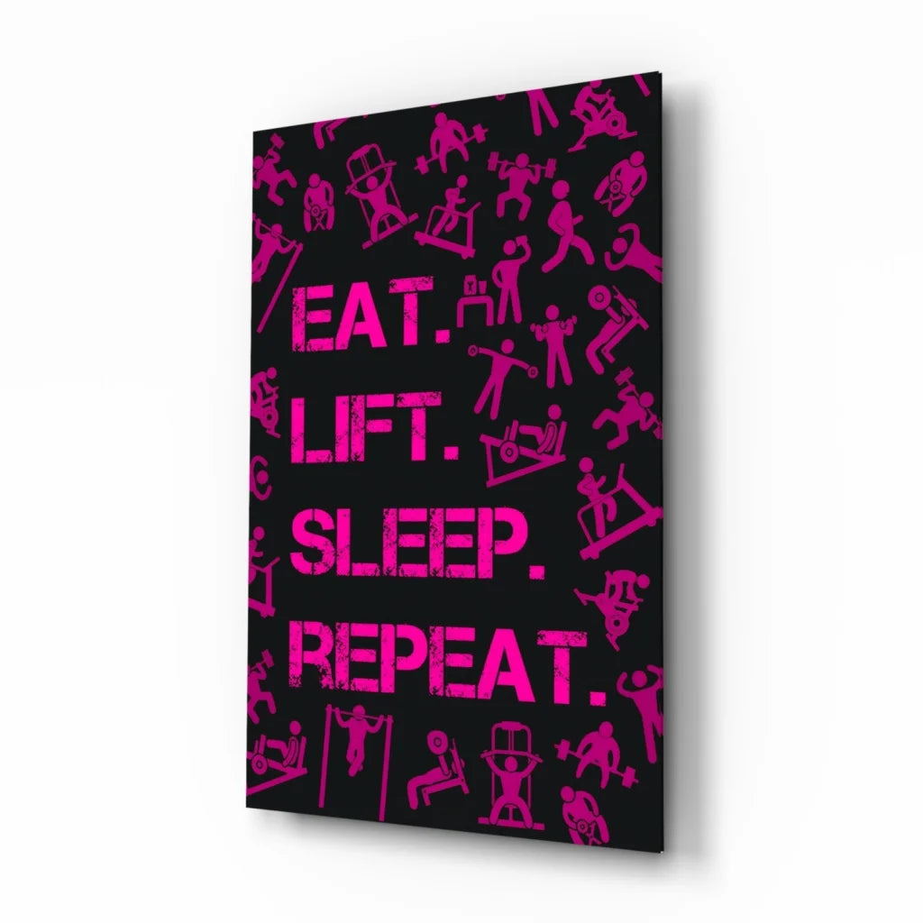 Bold pink Eat text on black glass wall art statement piece