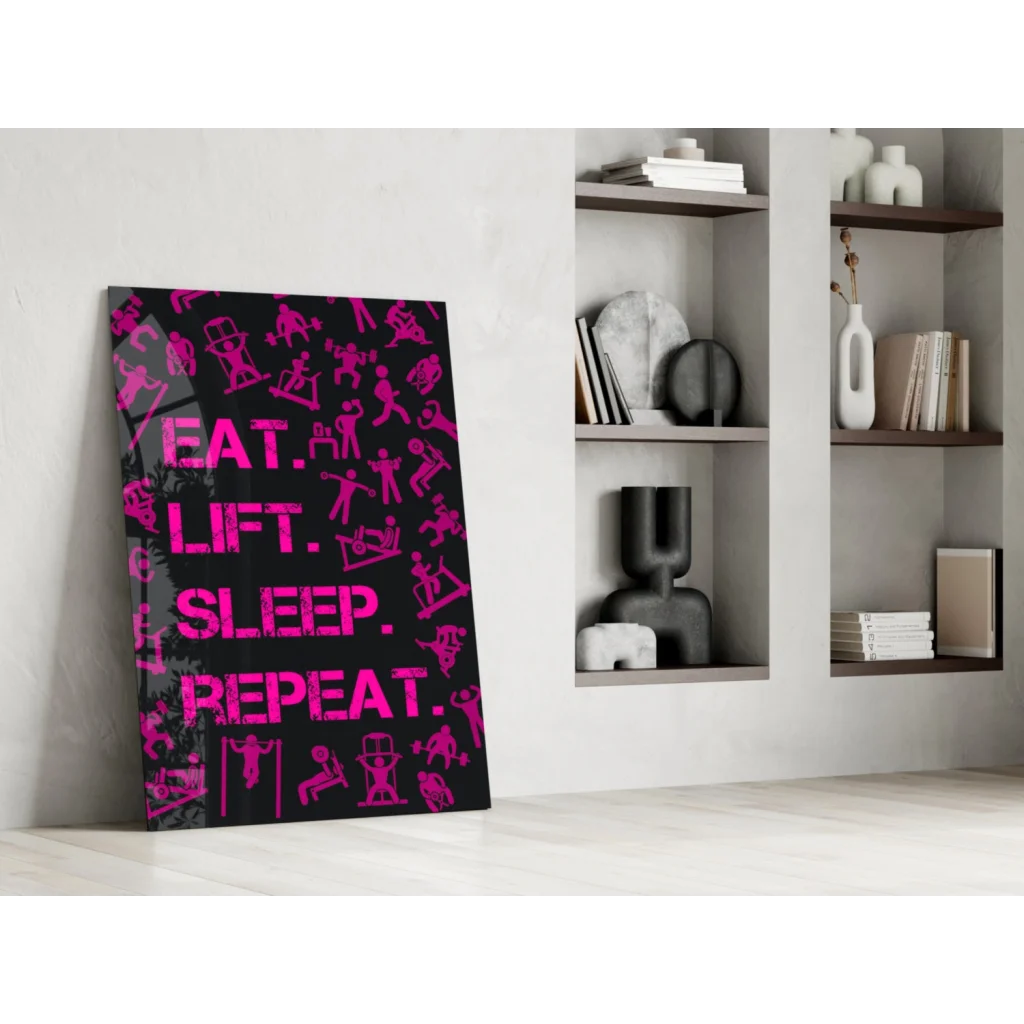 Bold pink eat text on black canvas for glass wall art piece