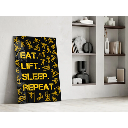 Bold yellow Eat text on black canvas glass wall art
