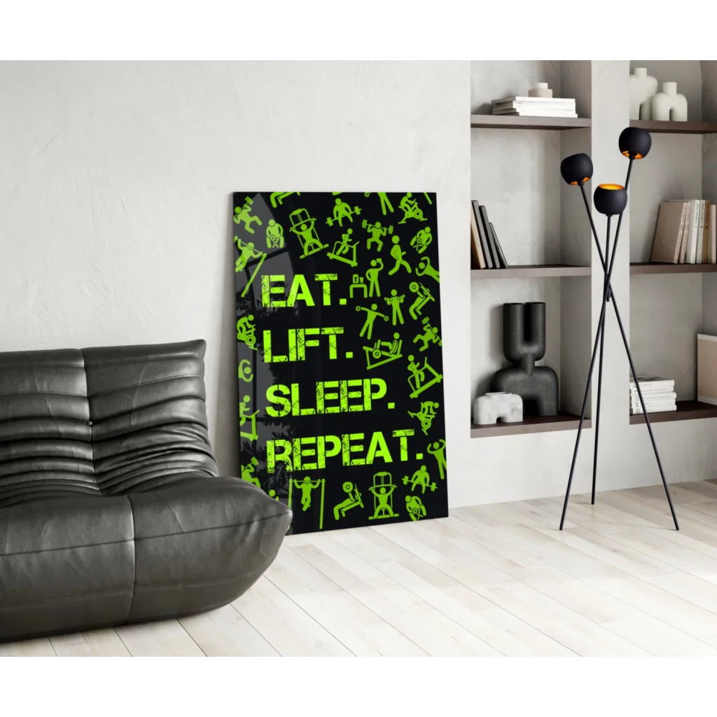 Black canvas glass wall art print with neon green fitness illustrations