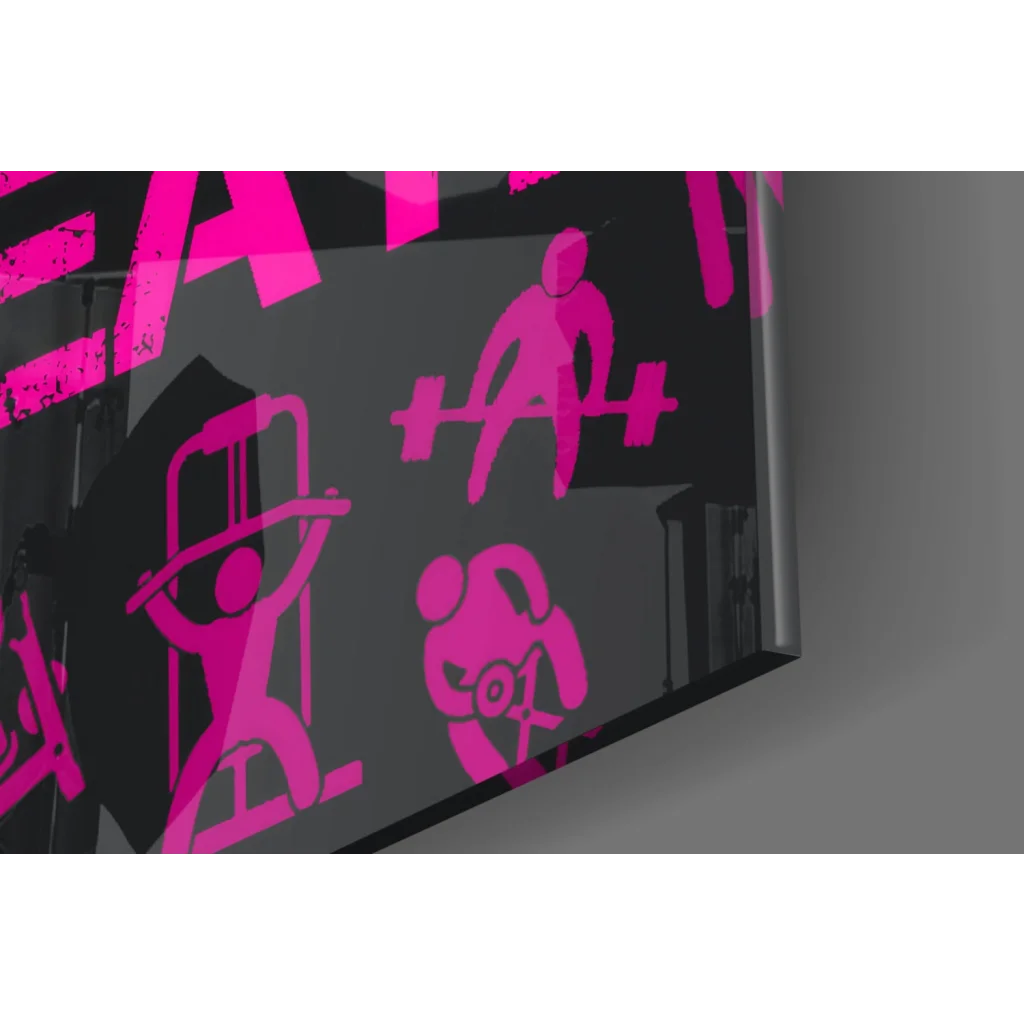 Vibrant pink Bold Pink Eat Glass wall art with gym silhouettes