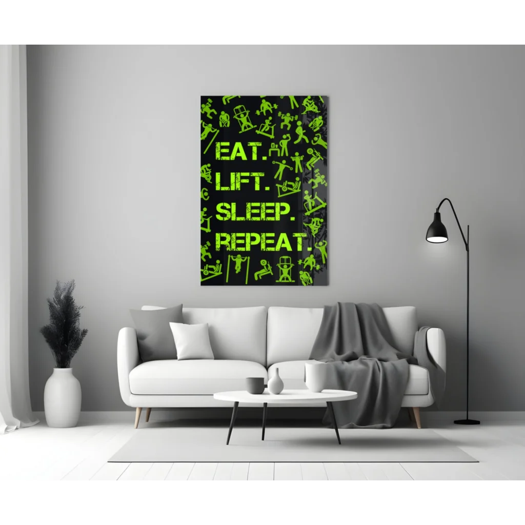 Neon green Eat text on stunning glass wall art print
