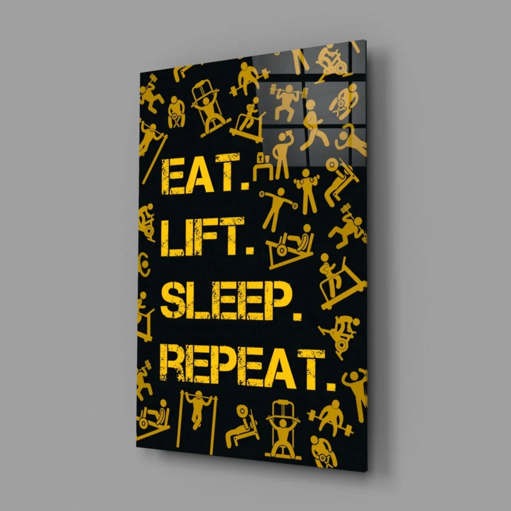 Bold yellow Eat text on black glass wall art panel