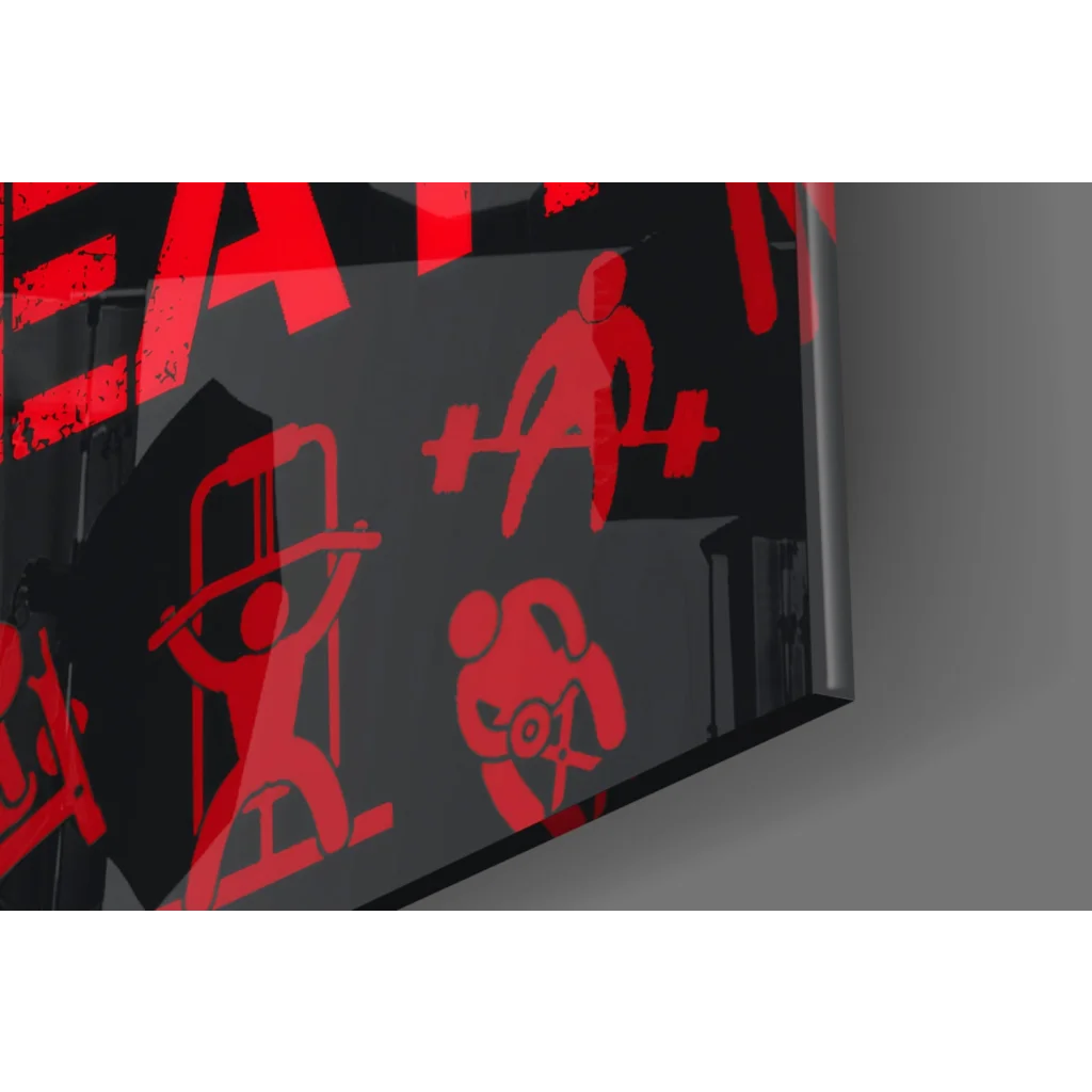 Bold red eat text black wall art with gym silhouettes