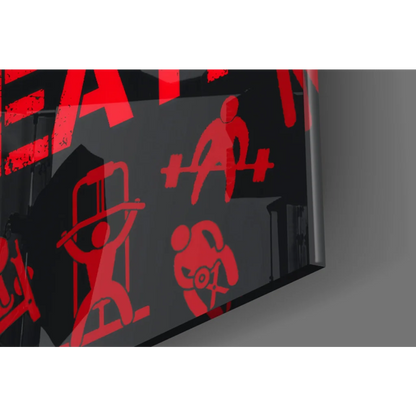 Bold red eat text black wall art with gym silhouettes