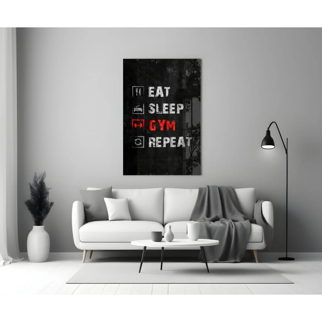 Eat Sleep Gym Repeat Glass Wall Art for Fitness Lovers | Modern Wall Art Decor | vintageantiquesgifts.com
