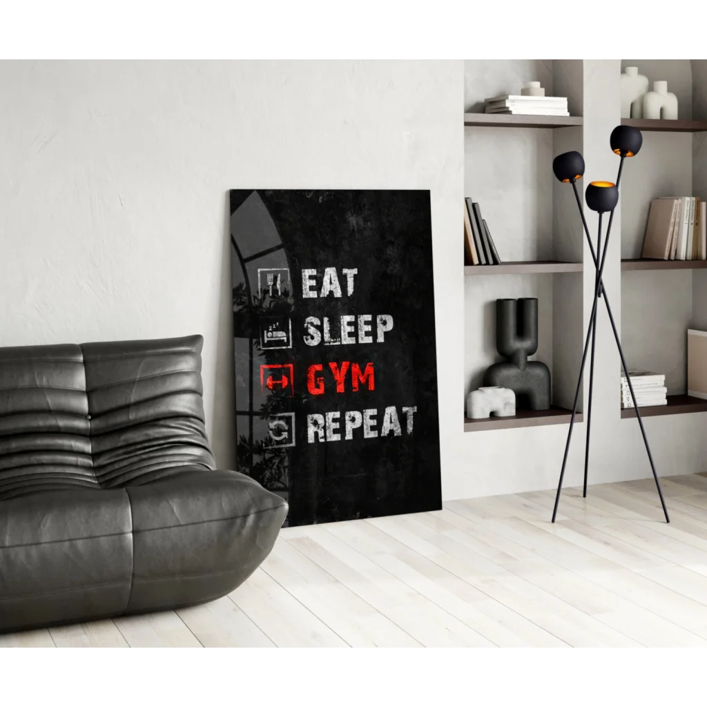 Eat sleep gym repeat glass wall art for fitness lovers