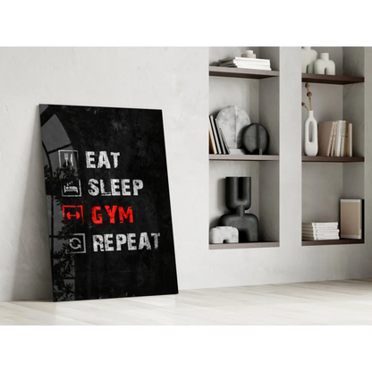Eat sleep gym repeat glass wall art for fitness lovers