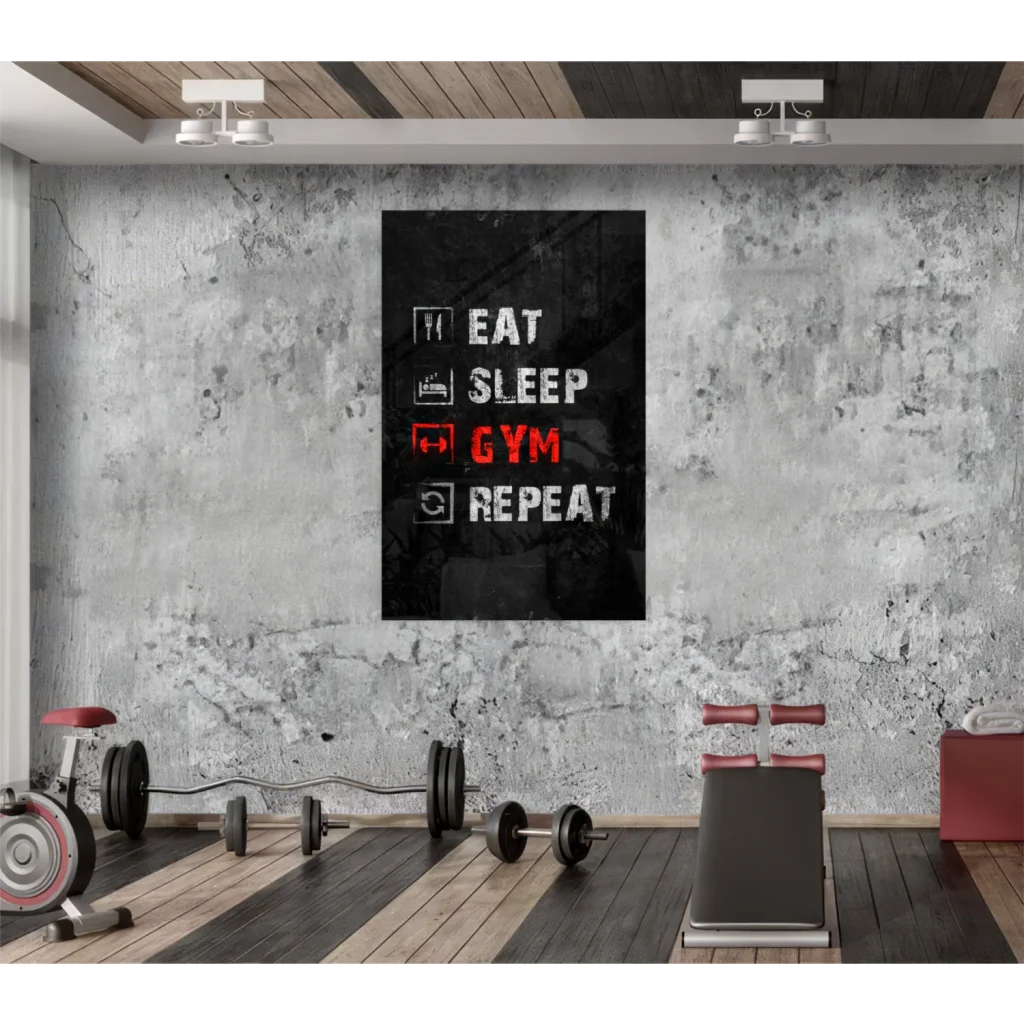 Eat sleep gym repeat glass wall art poster for fitness lovers