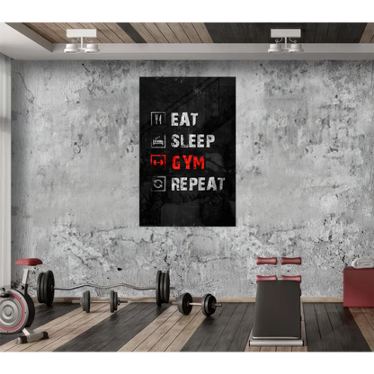 Eat sleep gym repeat glass wall art poster for fitness lovers