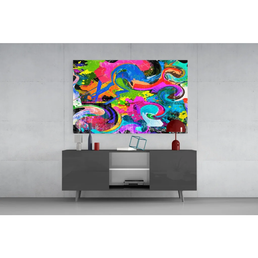 Vibrant neon swirl abstract glass wall art in pink, blue, green hues