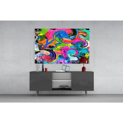 Vibrant neon swirl abstract glass wall art in pink, blue, green hues