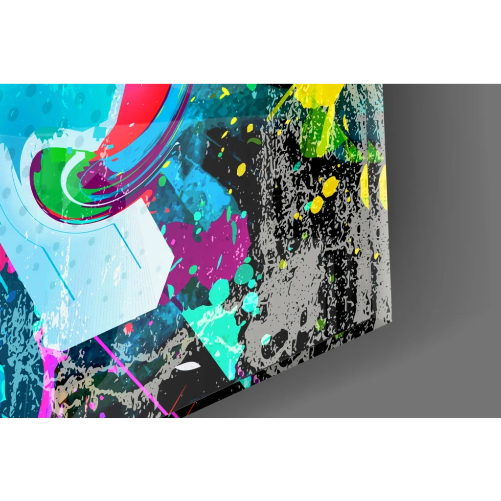 Vibrant neon swirl glass wall art with bold blue, red, green, yellow splashes on black