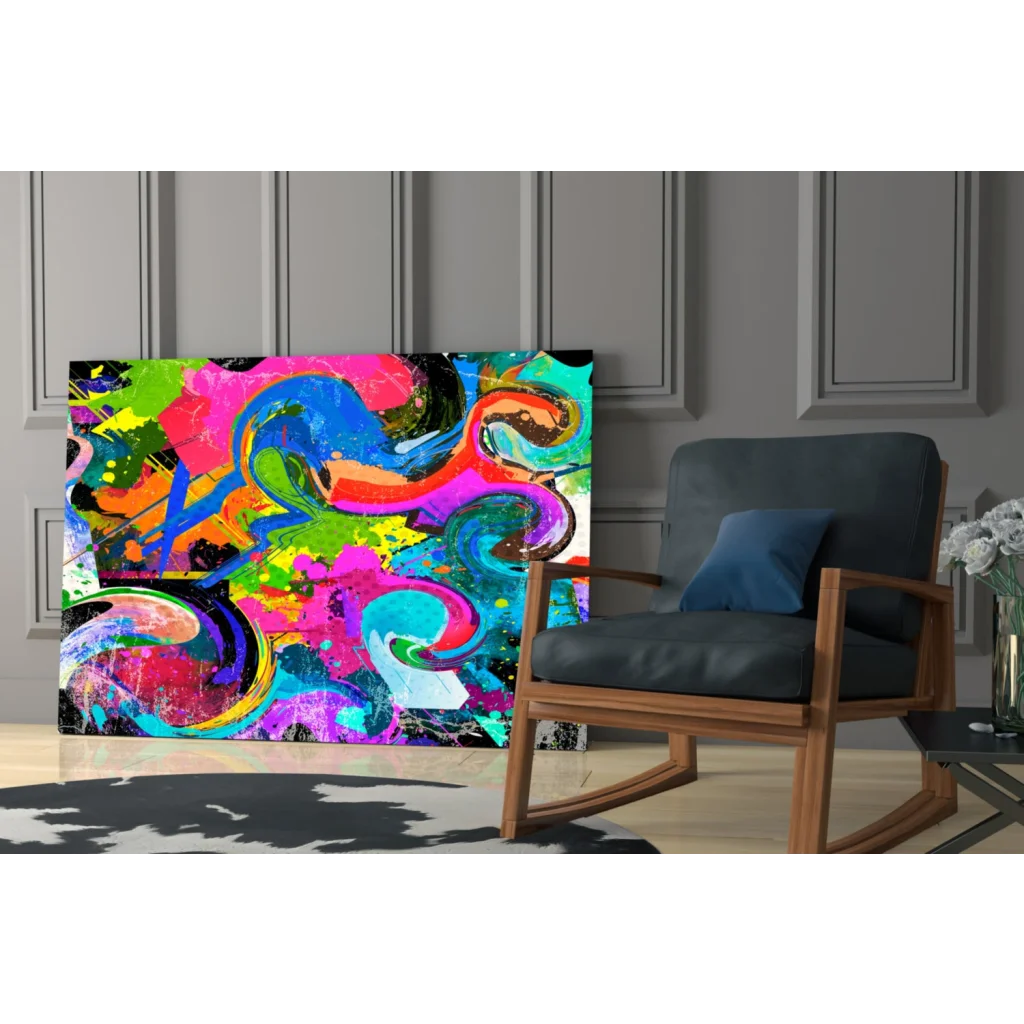 Vibrant neon swirl abstract glass wall art on black canvas