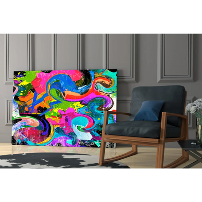 Vibrant neon swirl abstract glass wall art on black canvas