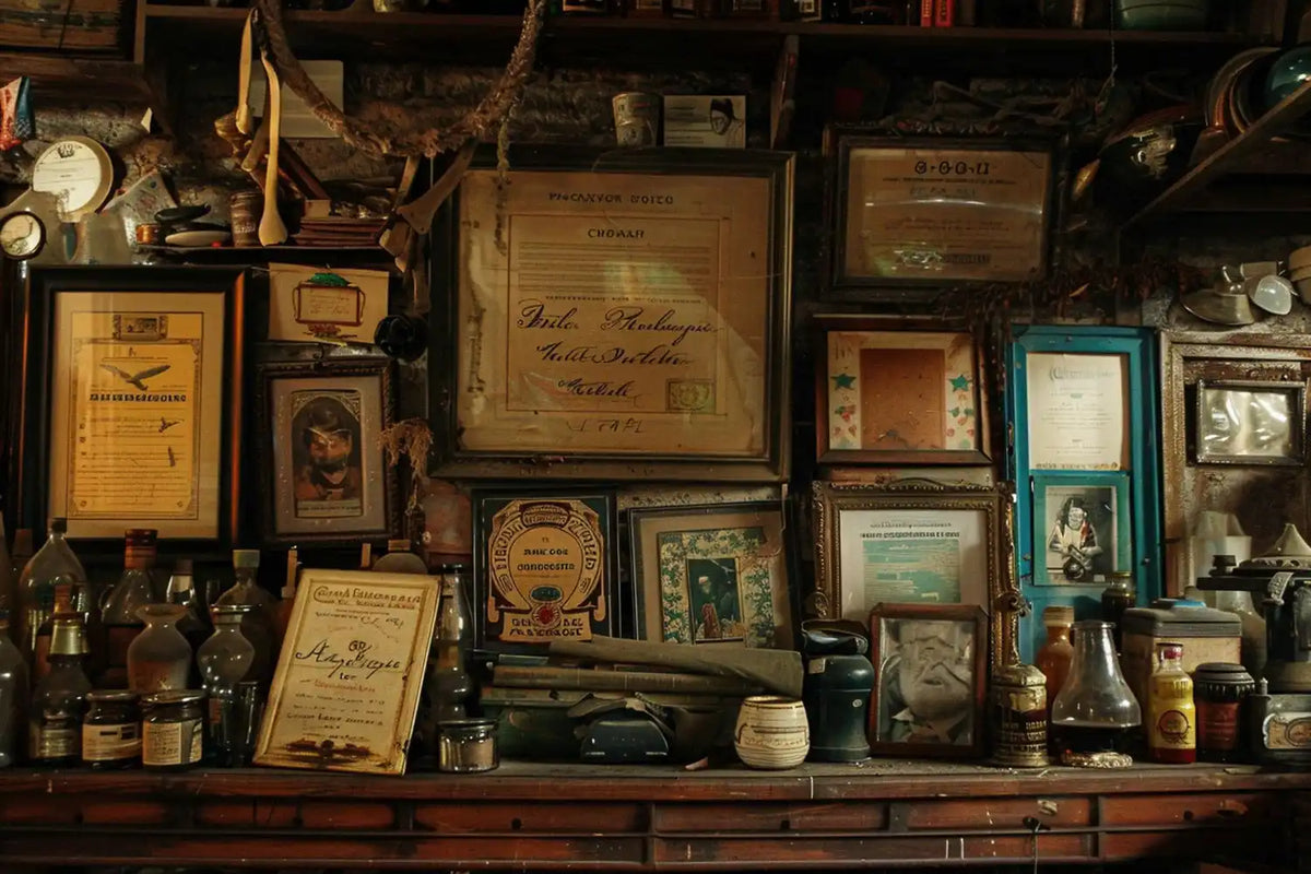 Eclectic collection of framed documents and curios.