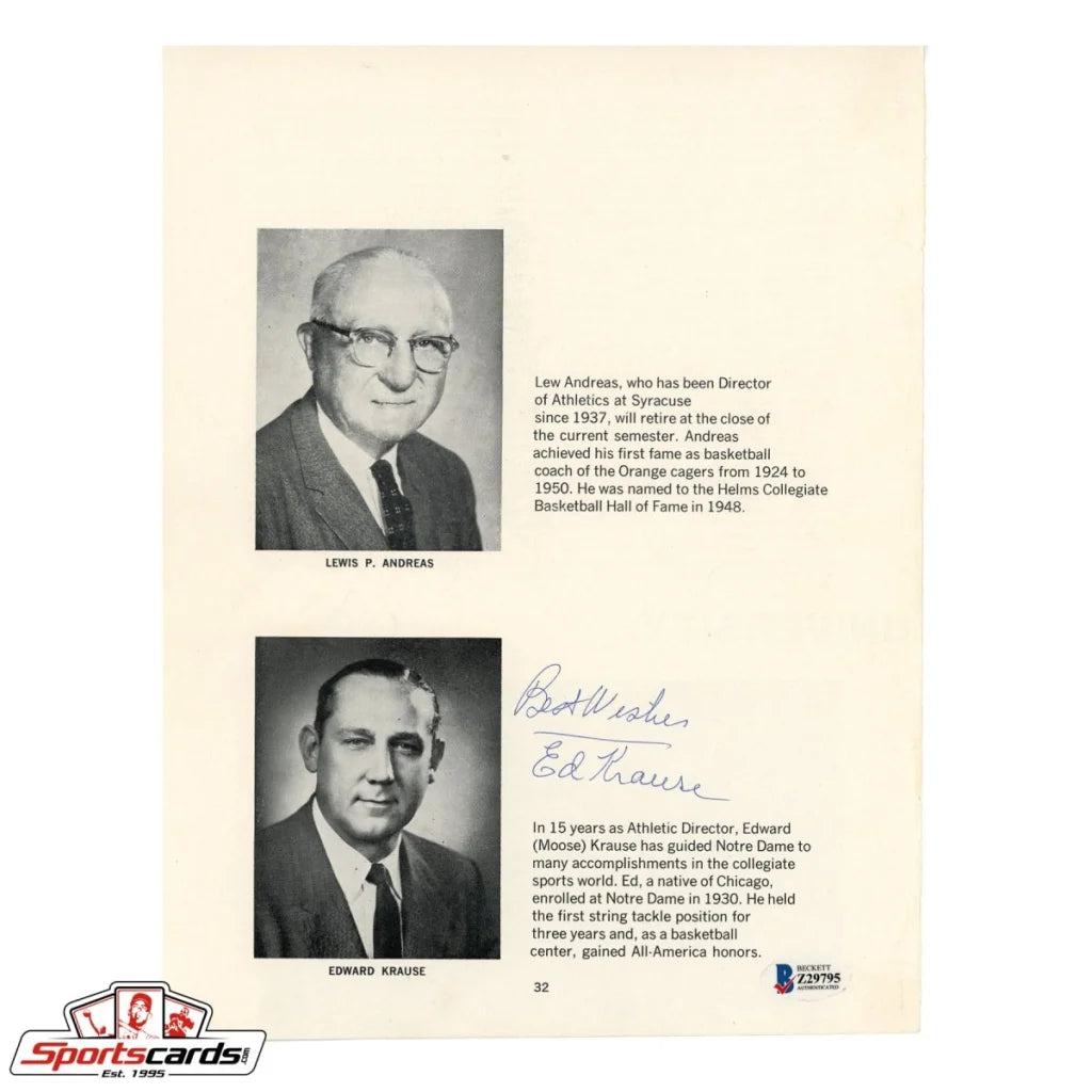 Vintage black and white magazine photo of athletic directors with Ed Krause signature, BAS certified