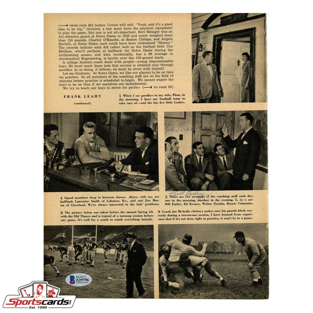 Vintage 1950s football magazine photo of Moose Krause and Earley signed