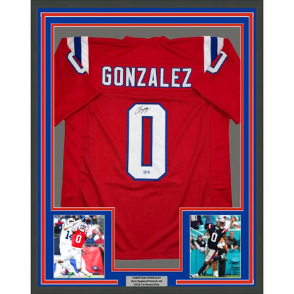 Framed signed Christian Gonzalez red Patriots jersey back with Gonzalez 0