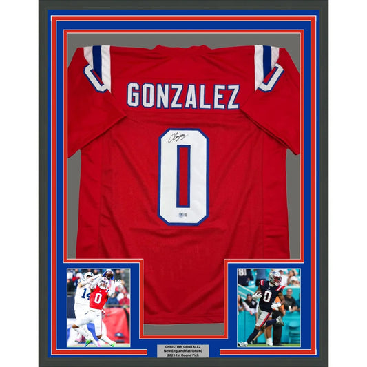 Framed signed Christian Gonzalez red Patriots jersey back with Gonzalez 0
