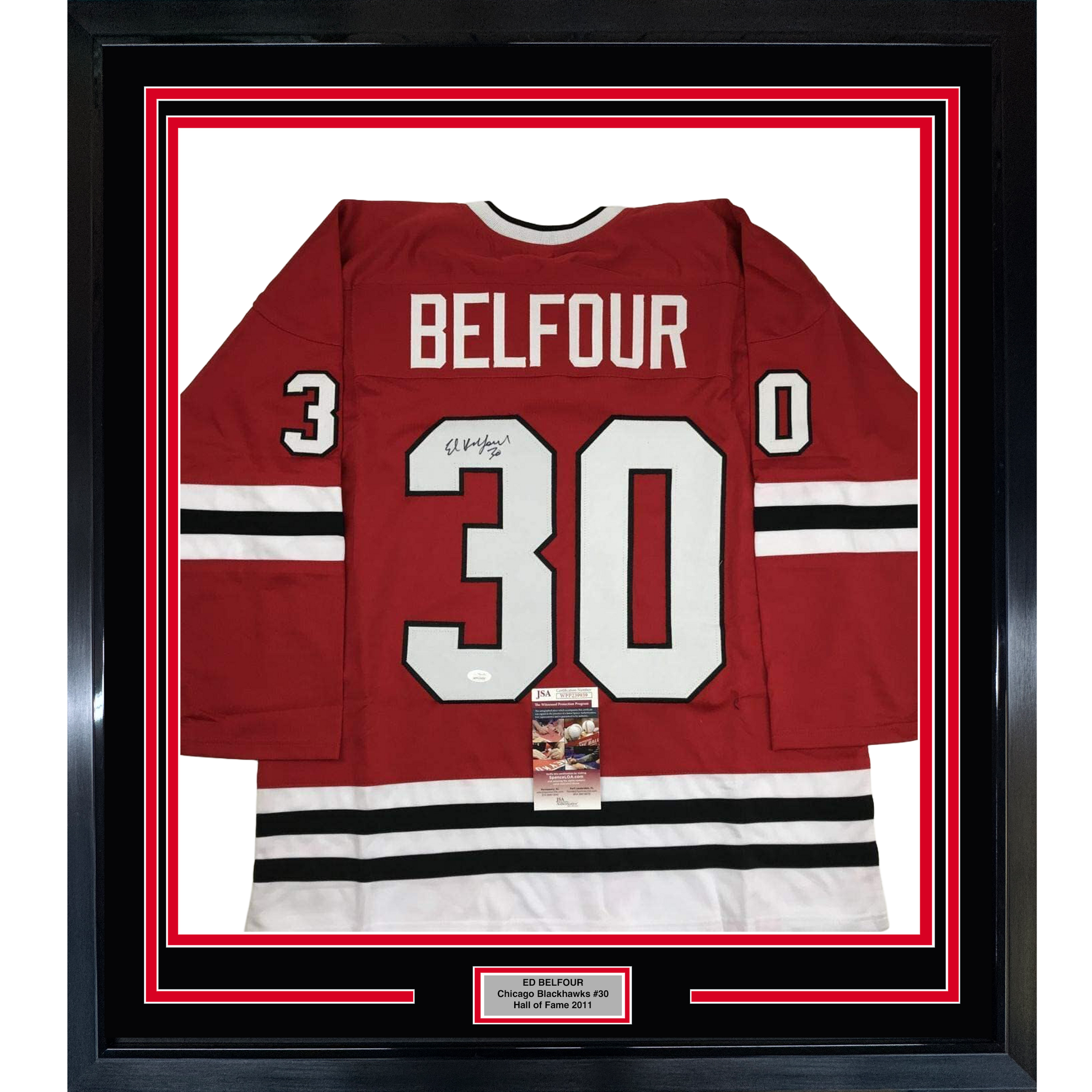 Framed red Chicago Blackhawks jersey number 30 with "BELFOUR" nameplate, signed, displayed front-facing with JSA authentication certificate visible.