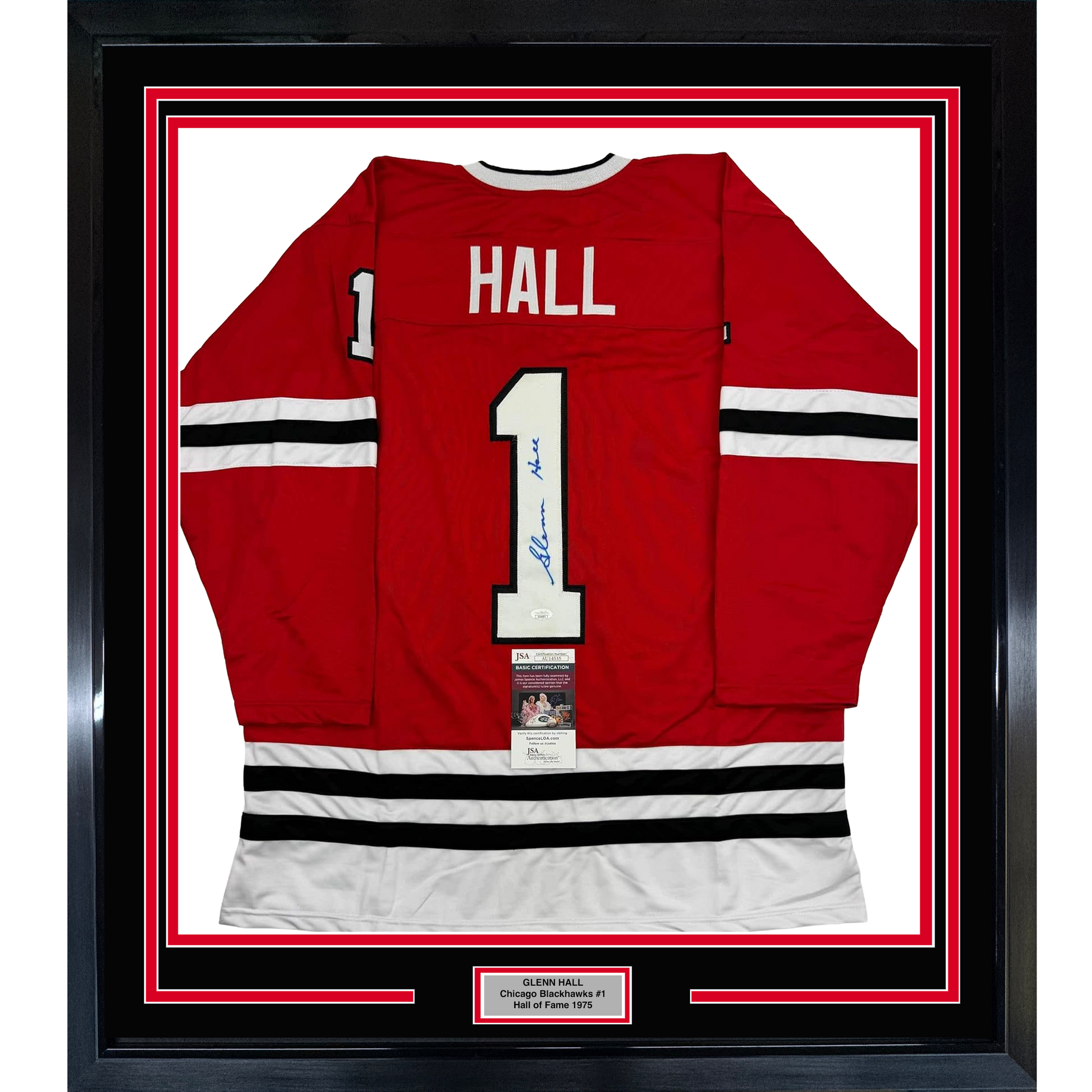 Framed red Chicago Blackhawks #1 hockey jersey with "HALL" nameplate and signature, displayed front-center against white backing with red and black border frame.