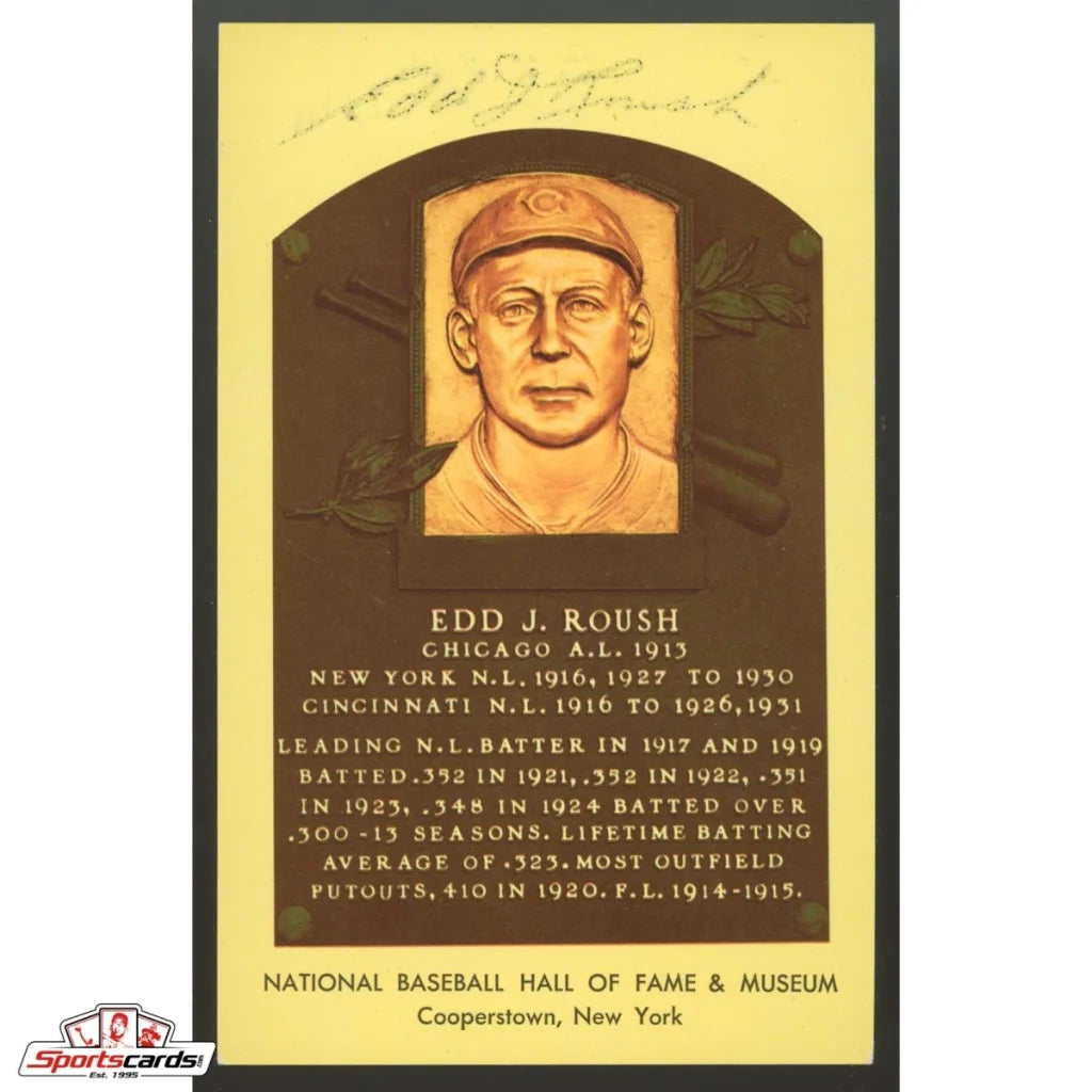Vintage Edd Roush HOF postcard with double autograph and gold plaque
