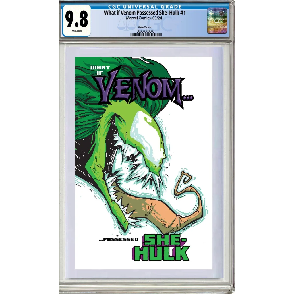 9.8 graded Venom comic with Eddie Brock possessing She-Hulk