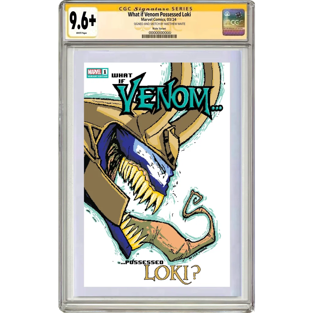 9.6 graded Venomized Loki comic with Eddie Brock symbiote cover