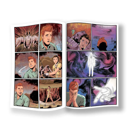 Open comic book with colorful illustrations from Eden Rebuilt Five Years Later graphic novel