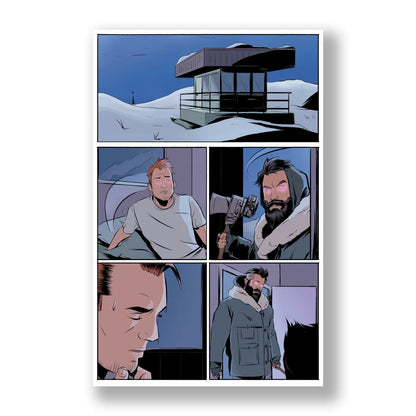 Comic book page from Eden Rebuilt Five Years Later showing snowy landscape and intense characters