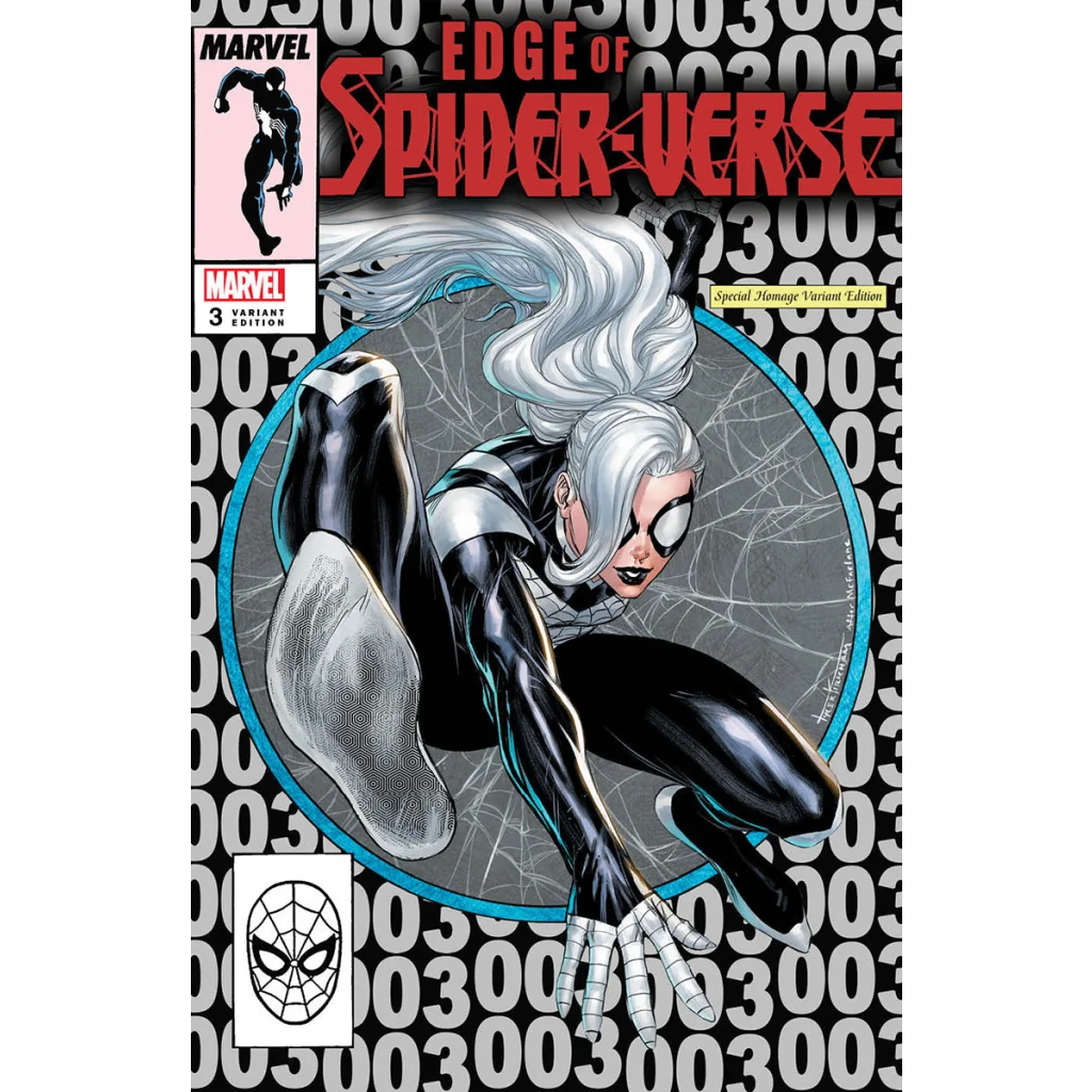 Marvel comic book featuring a white-haired female Spider-Verse character in black and white costume