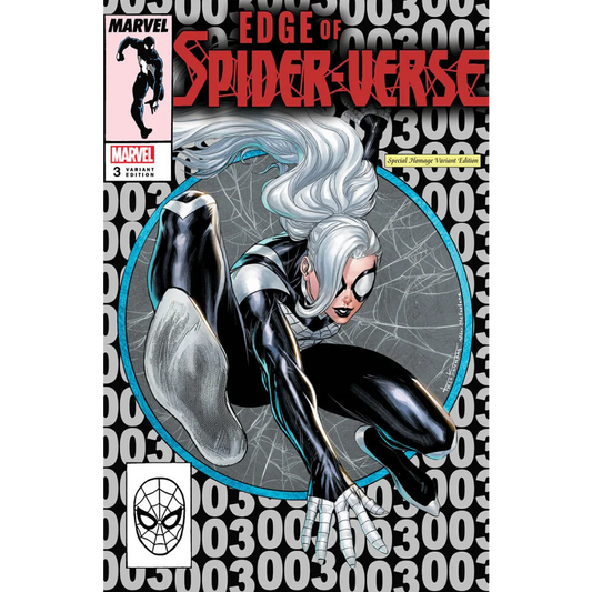 Marvel comic book featuring a white-haired female Spider-Verse character in black and white costume