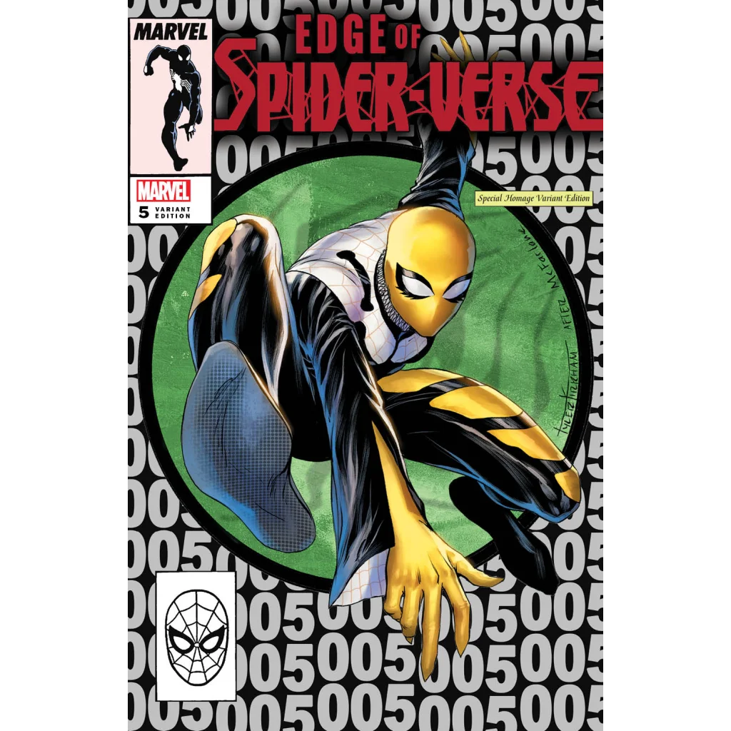 Comic book cover with a hero in a black, white, and yellow spider-suit from Spider Verse Epic Finale