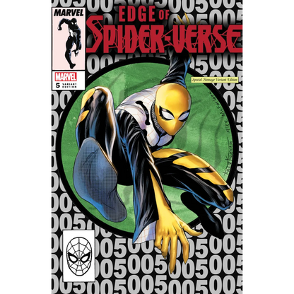Comic book cover with a hero in a black, white, and yellow spider-suit from Spider Verse Epic Finale