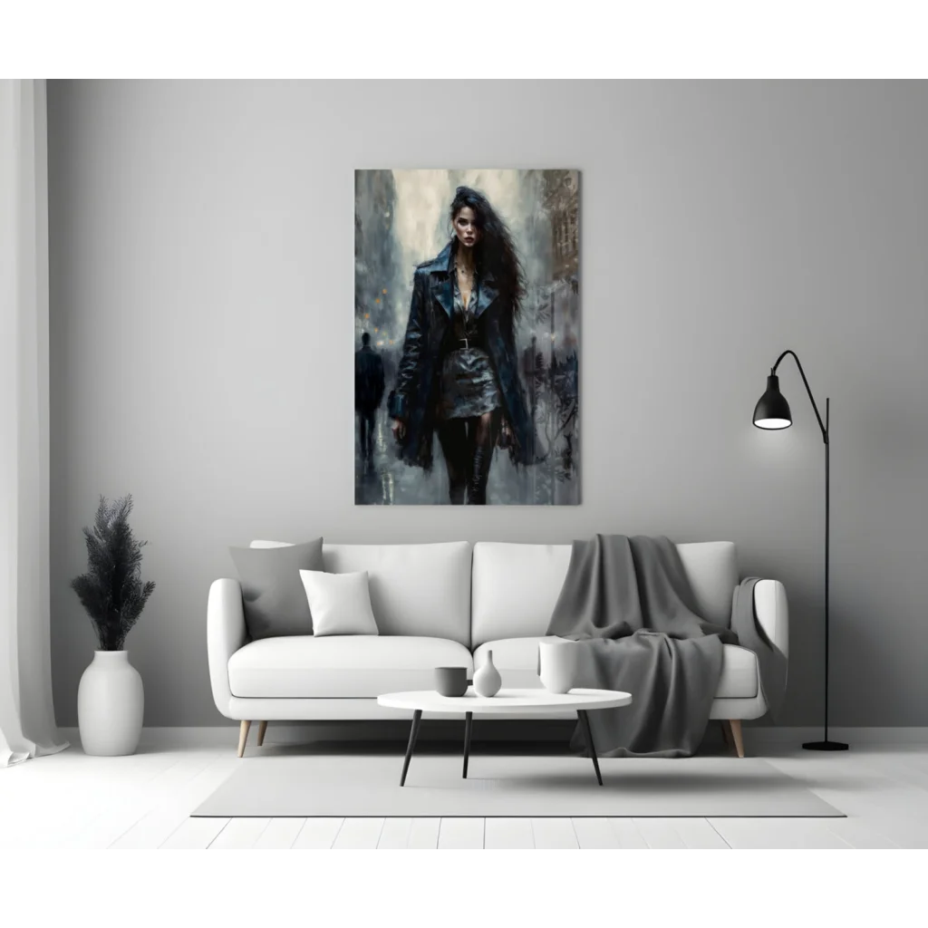 Modern gray sofa with white cushions in edgy black leather jacket glass wall art