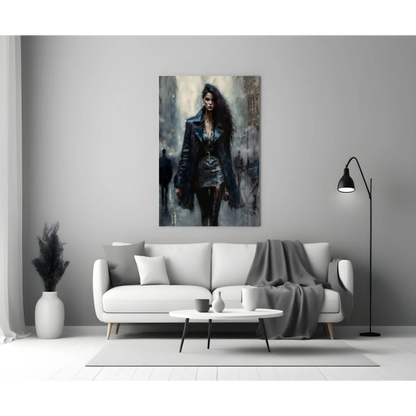 Modern gray sofa with white cushions in edgy black leather jacket glass wall art