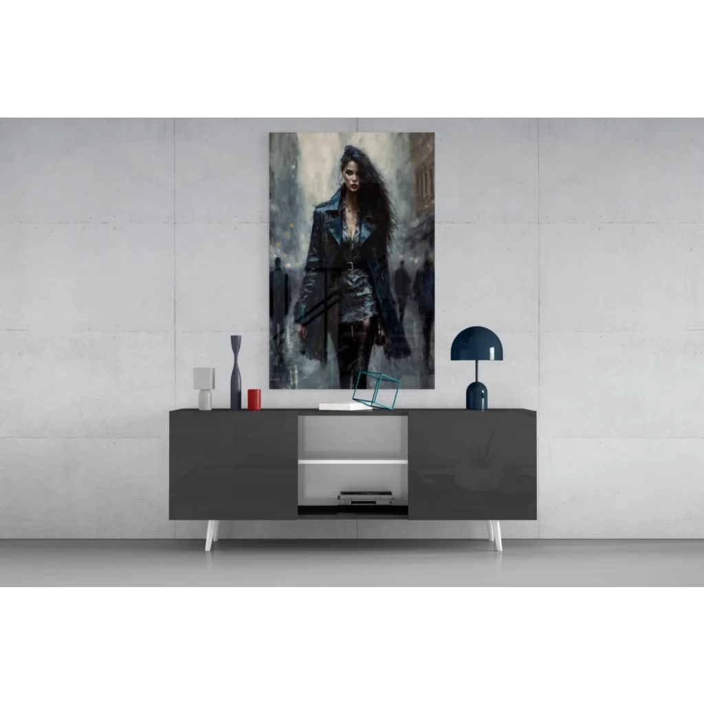 Edgy black leather jacket glass wall art on modern black lacquered sideboard