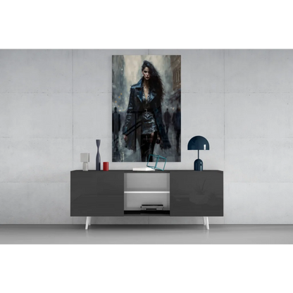 Edgy black leather jacket glass wall art on modern black lacquered sideboard