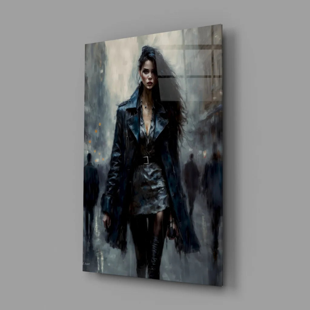 Edgy black leather trench coat on glass wall art for modern spaces
