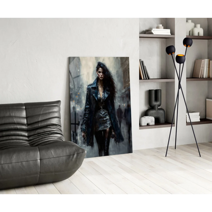 Edgy black leather jacket glass wall art with modern textured design