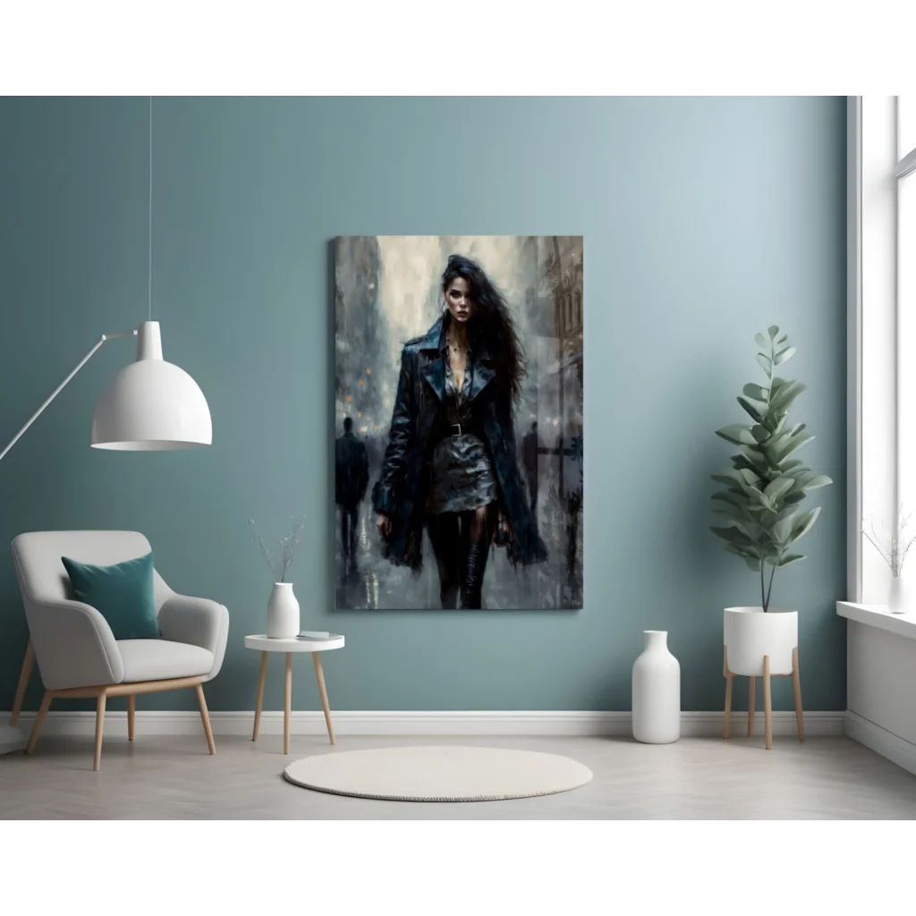 Modern edgy black leather jacket glass wall art with pendant lamp